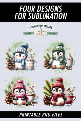 Penguins with Cocoa Mugs Sublimation Designs | Christmas PNG Sublimation Ewe-N-Me Designs 