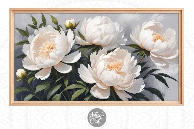 Peonies Frame TV art, white flower painting, Spring Flowers Frame Digital Pattern Artisan Craft SVG 