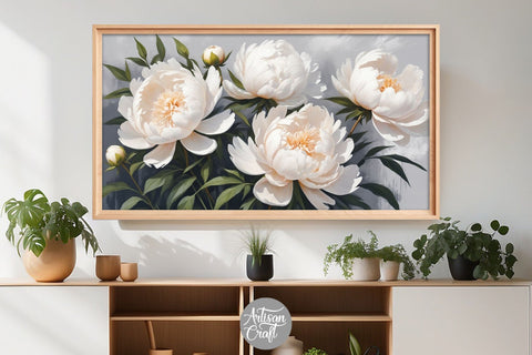 Peonies Frame TV art, white flower painting, Spring Flowers Frame Digital Pattern Artisan Craft SVG 