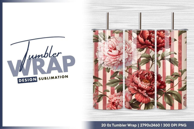 Peonies With Stripes Pattern Tumbler Png Design Sublimation Regulrcrative 