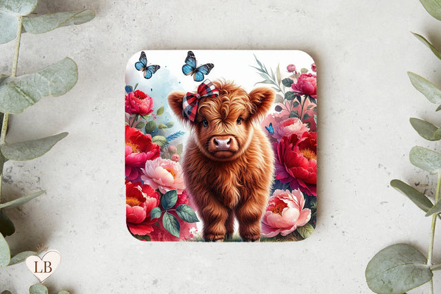 Peony Cow Coaster, Floral Highland Cow Design Sublimation BijouBay 