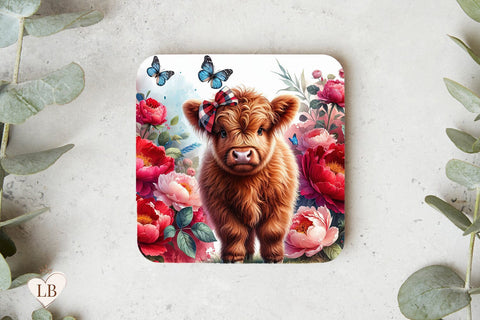 Peony Cow Coaster, Floral Highland Cow Design Sublimation BijouBay 