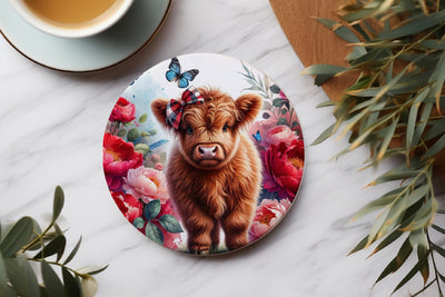 Peony Cow Round Coaster Sublimation Design PNG Sublimation BijouBay 