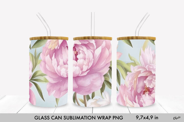 Peony Glass Can PNG. 16 OZ Glass Can Wrap Sublimation Olga Terlyanskaya 