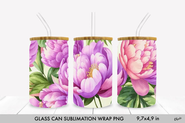 Peony Glass Can Wrap. Spring Glass Can 16 OZ Sublimation Olga Terlyanskaya 