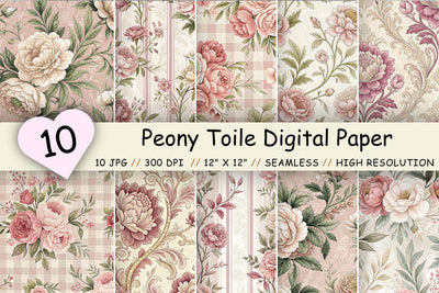 Peony Toile Digital Paper Pack, Vintage Floral Toile, Gingham & Stripe Seamless Patterns, Wedding, Scrapbooking & Printable Crafts Digital Pattern FloridPrintables 
