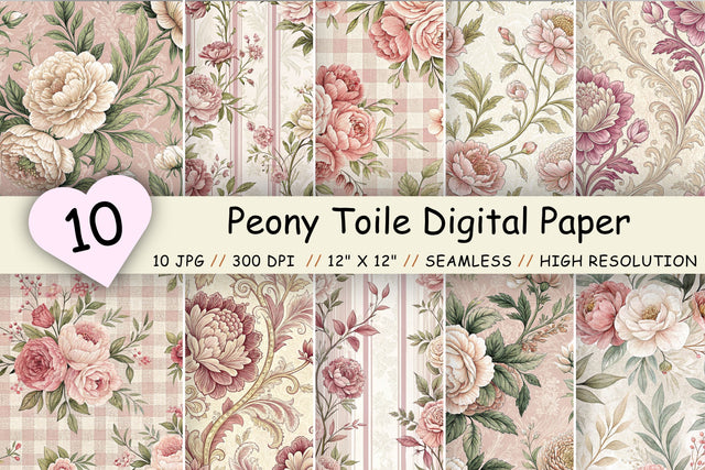 Peony Toile Digital Paper Pack, Vintage Floral Toile, Gingham & Stripe Seamless Patterns, Wedding, Scrapbooking & Printable Crafts Digital Pattern FloridPrintables 