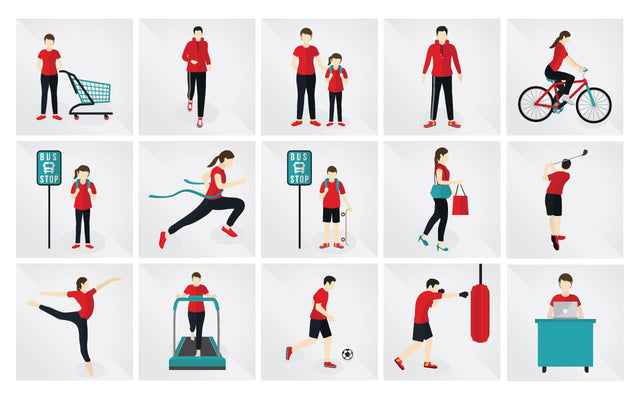 People with healthy habits. Physical and mental wellness set. Women and men do yoga exercises, plan their diet, and meditate. Collection of shopping, stop bus,play football, morning running SVG naemmiah021 