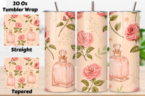 Perfume Bottle Rose Seamless Tumbler Wrap, Glassy Pink Roses with Label Elements Sublimation FloridPrintables 