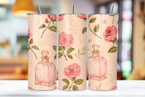 Perfume Bottle Rose Seamless Tumbler Wrap, Glassy Pink Roses with Label Elements Sublimation FloridPrintables 