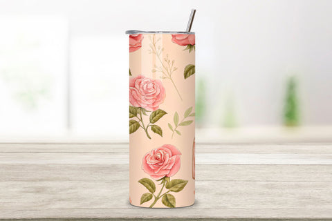 Perfume Bottle Rose Seamless Tumbler Wrap, Glassy Pink Roses with Label Elements Sublimation FloridPrintables 