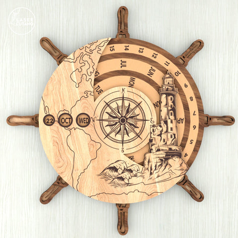 Perpetual Calendar – Ship Wheel and Lighthouse Design ⚓ SVG LaserCutano 