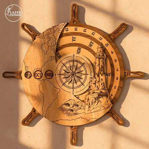 Perpetual Calendar – Ship Wheel and Lighthouse Design ⚓ SVG LaserCutano 