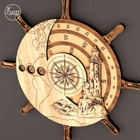 Perpetual Calendar – Ship Wheel and Lighthouse Design ⚓ SVG LaserCutano 