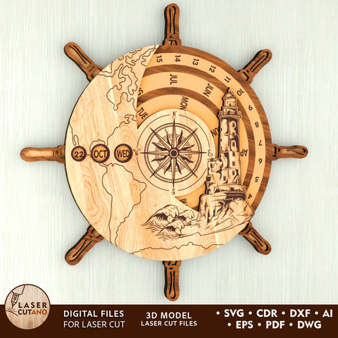 Perpetual Calendar – Ship Wheel and Lighthouse Design ⚓ SVG LaserCutano 