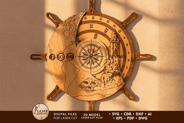 Perpetual Calendar – Ship Wheel and Lighthouse Design ⚓ SVG LaserCutano 
