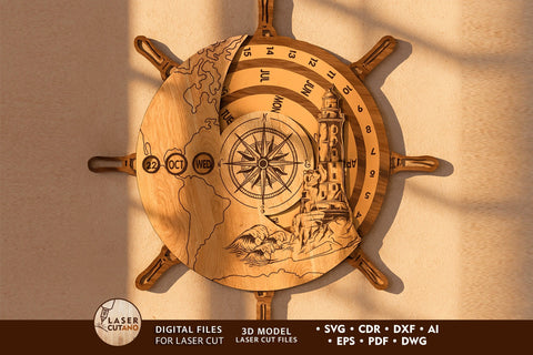 Perpetual Calendar – Ship Wheel and Lighthouse Design ⚓ SVG LaserCutano 
