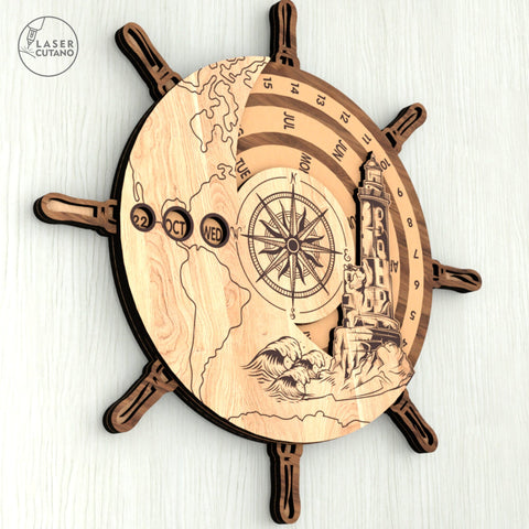 Perpetual Calendar – Ship Wheel and Lighthouse Design ⚓ SVG LaserCutano 