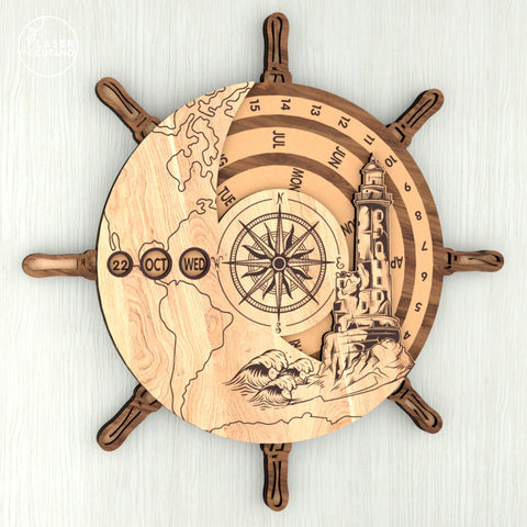 Perpetual Calendar – Ship Wheel and Lighthouse Design ⚓ SVG LaserCutano 