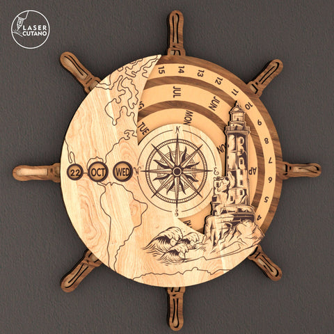 Perpetual Calendar – Ship Wheel and Lighthouse Design ⚓ SVG LaserCutano 