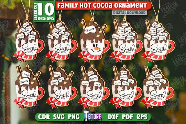 Personalized Family Hot Cocoa Mug Ornament Laser Cut Bundle, Christmas Tree Toys Laser Cut, Hot Cocoa Ornament SVG, Wooden Xmas Ornament SVG, Marshmallow SVG SVG The T Store Design 