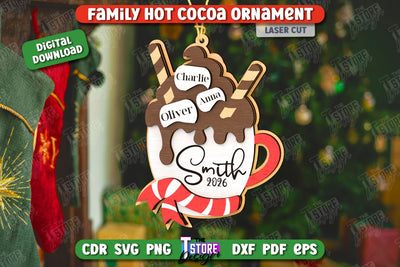 Personalized Family Hot Cocoa Mug Ornament Laser Cut, Christmas Tree Toy Laser Cut, Hot Cocoa Ornament SVG, Wooden Xmas Ornament SVG, Marshmallow SVG SVG The T Store Design 