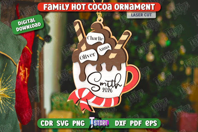 Personalized Family Hot Cocoa Mug Ornament Laser Cut, Christmas Tree Toy Laser Cut, Hot Cocoa Ornament SVG, Wooden Xmas Ornament SVG, Marshmallow SVG SVG The T Store Design 