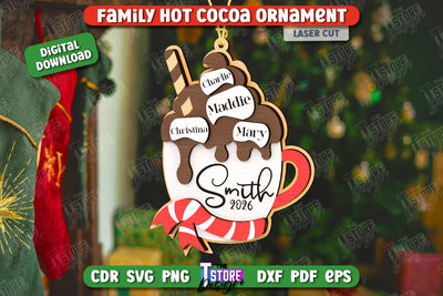 Personalized Family Hot Cocoa Mug Ornament Laser Cut, Christmas Tree Toy Laser Cut, Hot Cocoa Ornament SVG, Wooden Xmas Ornament SVG, Marshmallow SVG SVG The T Store Design 