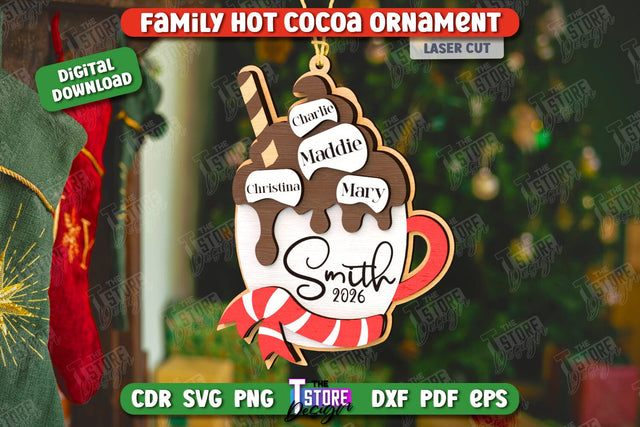 Personalized Family Hot Cocoa Mug Ornament Laser Cut, Christmas Tree Toy Laser Cut, Hot Cocoa Ornament SVG, Wooden Xmas Ornament SVG, Marshmallow SVG SVG The T Store Design 