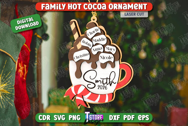 Personalized Family Hot Cocoa Mug Ornament Laser Cut, Christmas Tree Toy Laser Cut, Hot Cocoa Ornament SVG, Wooden Xmas Ornament SVG, Marshmallow SVG SVG The T Store Design 