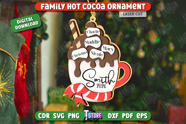 Personalized Family Hot Cocoa Mug Ornament Laser Cut, Christmas Tree Toy Laser Cut, Hot Cocoa Ornament SVG, Wooden Xmas Ornament SVG, Marshmallow SVG SVG The T Store Design 