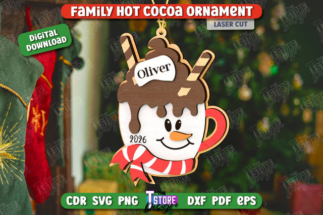 Personalized Family Hot Cocoa Mug Ornament Laser Cut, Christmas Tree Toy Laser Cut, Hot Cocoa Ornament SVG, Wooden Xmas Ornament SVG, Marshmallow SVG SVG The T Store Design 
