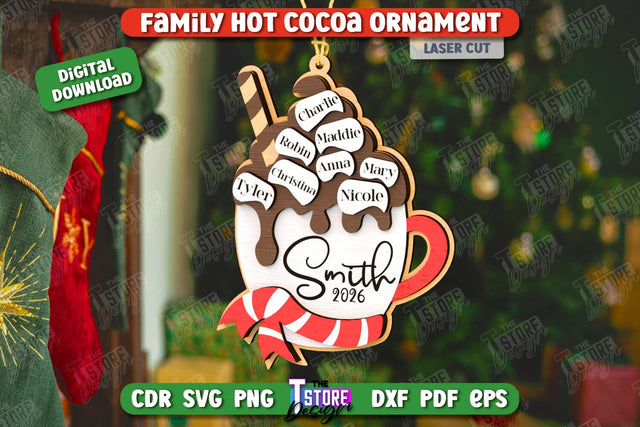 Personalized Family Hot Cocoa Mug Ornament Laser Cut, Christmas Tree Toy Laser Cut, Hot Cocoa Ornament SVG, Wooden Xmas Ornament SVG, Marshmallow SVG SVG The T Store Design 