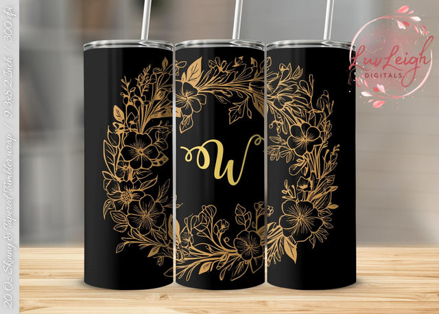 Personalized Minimalist Flowers on Black Tumbler wrap png Sublimation Luvleigh Digitals 
