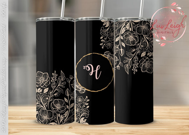 Personalized Minimalist Flowers on Black Tumbler wrap png Sublimation Luvleigh Digitals 
