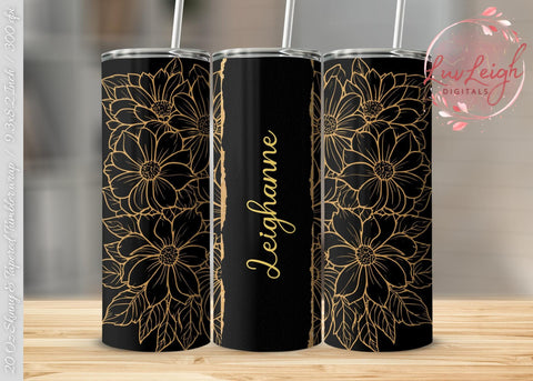 Personalized Minimalist Flowers on Black Tumbler wrap png Sublimation Luvleigh Digitals 