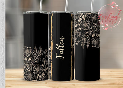 Personalized Minimalist Flowers on Black Tumbler wrap png Sublimation Luvleigh Digitals 