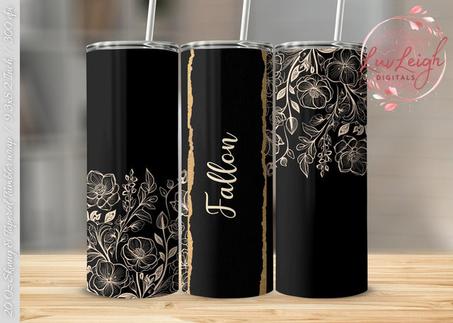 Personalized Minimalist Flowers on Black Tumbler wrap png Sublimation Luvleigh Digitals 