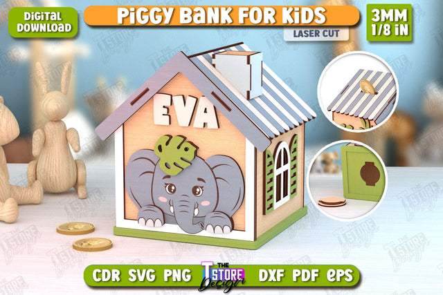 Personalized Piggy Bank Laser Cut | Animals Design | Money Box | Kids Design | CNC File SVG The T Store Design 