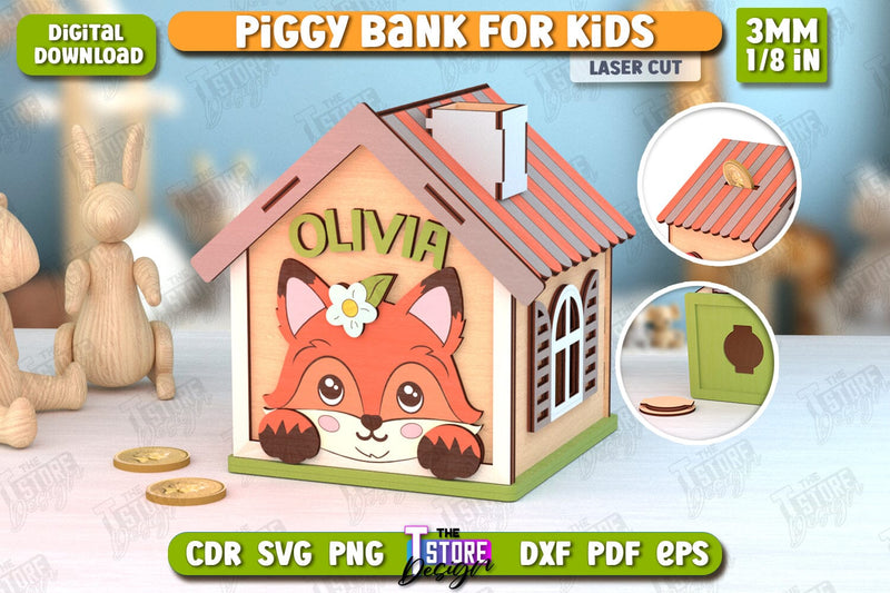 Personalized Piggy Bank Laser Cut | Animals Design | Money Box | Kids Design | CNC File SVG The T Store Design 