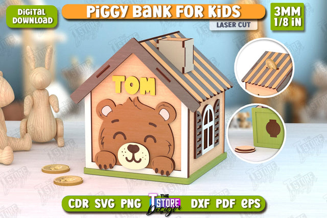 Personalized Piggy Bank Laser Cut | Bear Design | Money Box | Kids Design | CNC File SVG The T Store Design 