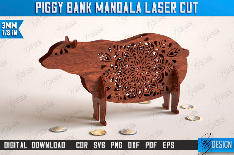 Personalized Piggy Bank Laser Cut | Bear Design | Money Box | Mandala | CNC File SVG Fly Design 