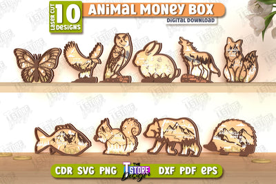 Personalized Piggy Bank Laser Cut Bundle | Animals Design | Money Box | Kids Design | CNC Files SVG The T Store Design 