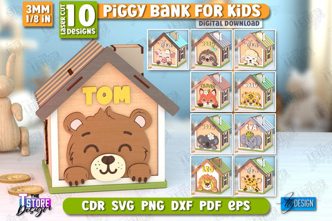Personalized Piggy Bank Laser Cut Bundle | Animals Design | Money Box | Kids Design | CNC Files SVG The T Store Design 