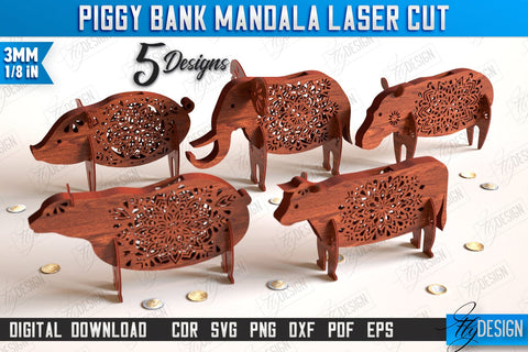 Personalized Piggy Bank Laser Cut Bundle | Animals Design | Money Box | Mandala | CNC Files SVG Fly Design 