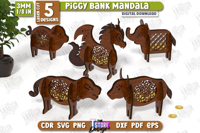 Personalized Piggy Bank Laser Cut Bundle | Animals Design | Money Box | Mandala | CNC Files SVG The T Store Design 
