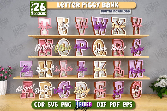 Personalized Piggy Bank Laser Cut Bundle | Letters | Money Box | Alphabet | CNC Files SVG The T Store Design 