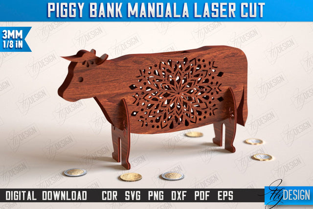 Personalized Piggy Bank Laser Cut | Cow Design | Money Box | Mandala | CNC File SVG Fly Design 