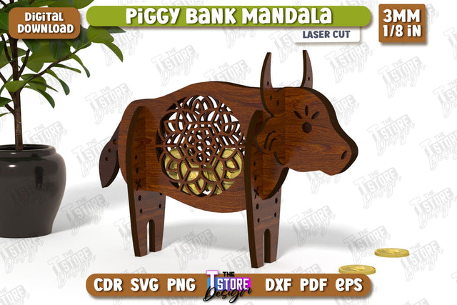 Personalized Piggy Bank Laser Cut | Cow Design | Money Box | Mandala | CNC File SVG The T Store Design 