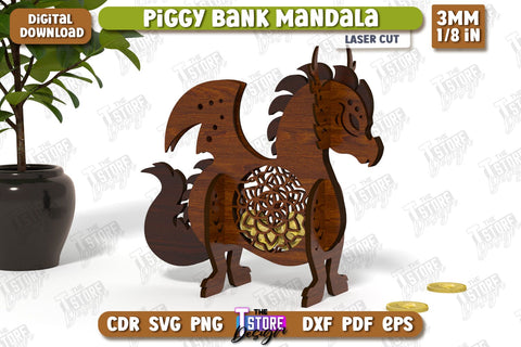 Personalized Piggy Bank Laser Cut | Dragon Design | Money Box | Mandala | CNC File SVG The T Store Design 